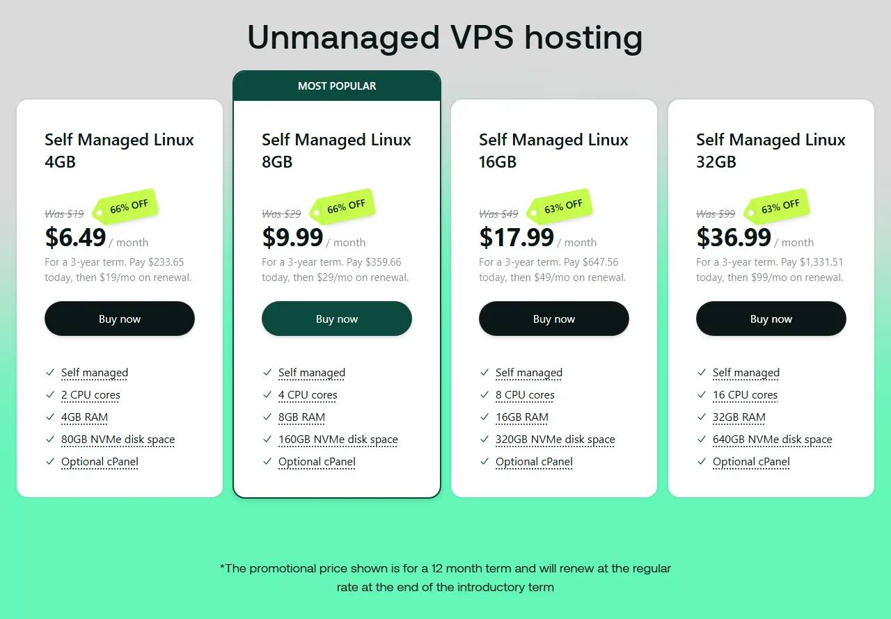 Hosting.com unmanaged VPS plans and prices, from $6.49 a month on a 3-year term (October 2026)