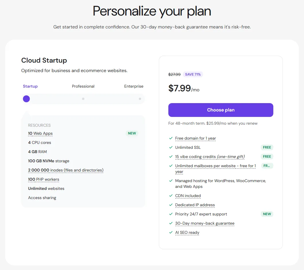 Hostinger Cloud Startup plan at $7.99 a month on a 48-month term, renewing at $25.99 (October 2026)