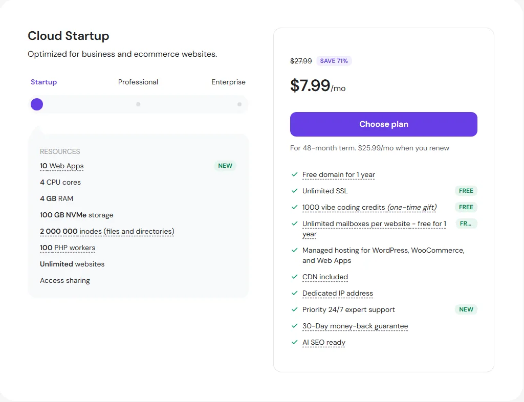 Hostinger Cloud Startup plan with 4 CPU cores, 4 GB RAM and 100 PHP workers (October 2026)