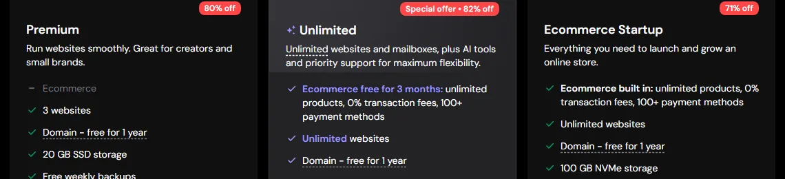 Hostinger web hosting plan cards listing a domain free for 1 year on the Premium, Unlimited and Ecommerce Startup plans (October 2026)