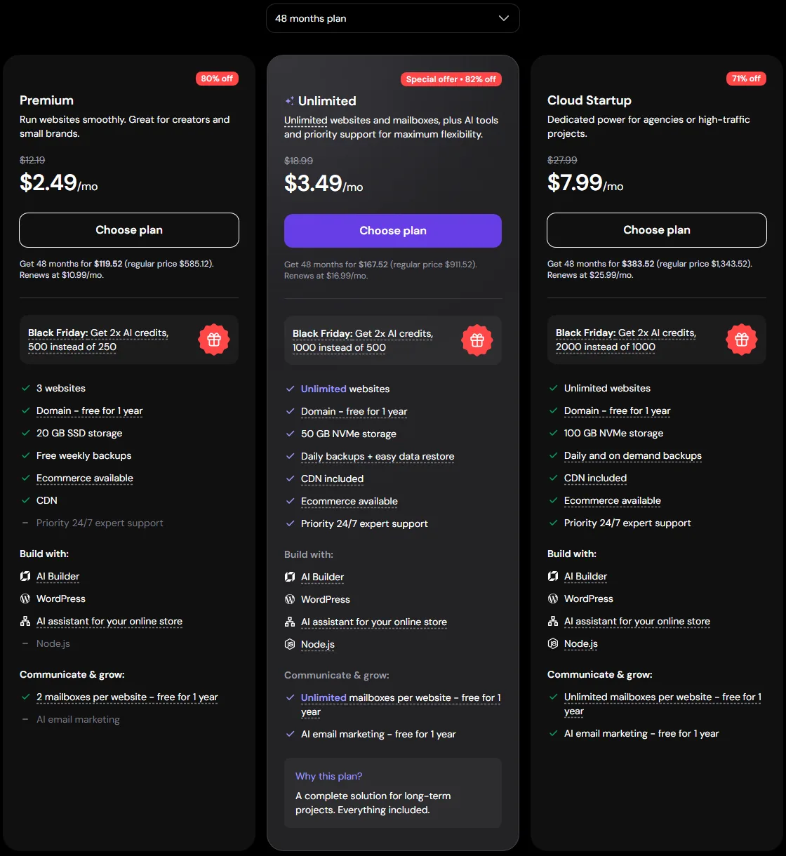 Hostinger web hosting plans Premium, Unlimited and Cloud Startup on the 48-month term during the Black Friday sale (October 2026)