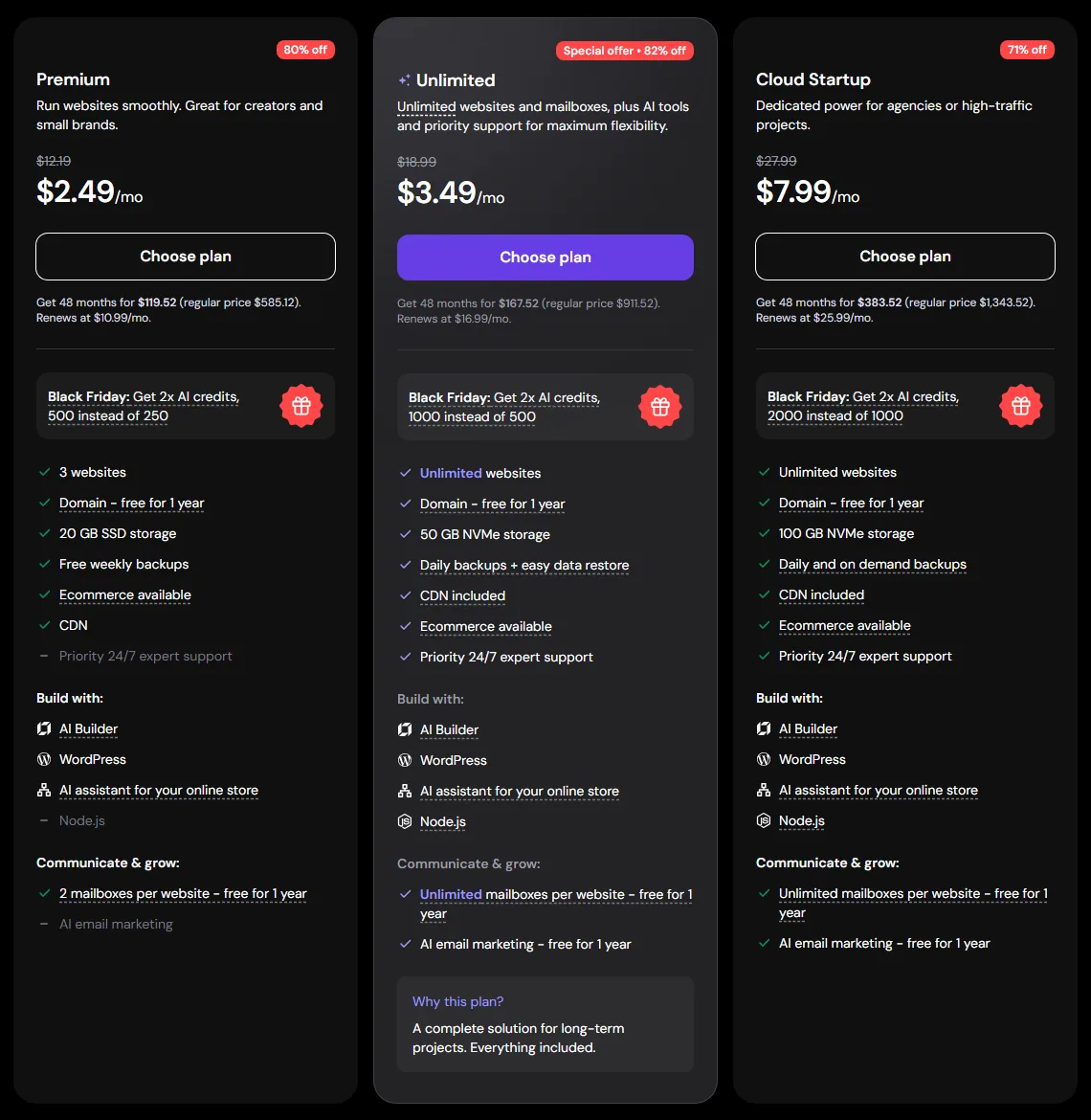 Hostinger Premium, Unlimited and Cloud Startup shared hosting plan cards on the 48-month term during the Black Friday sale (October 2026)