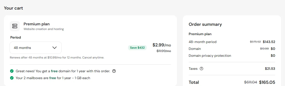 Hostinger cart showing the Premium plan at $2.99 a month for 48 months, renewing at $10.99 (October 2026)