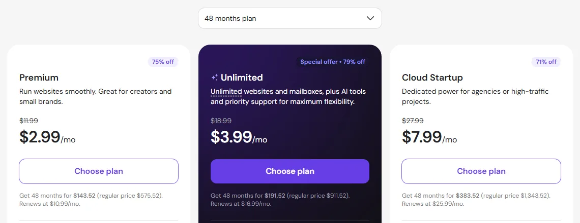 Hostinger web hosting prices on the 48-month plan, with upfront totals and renewal rates (October 2026)