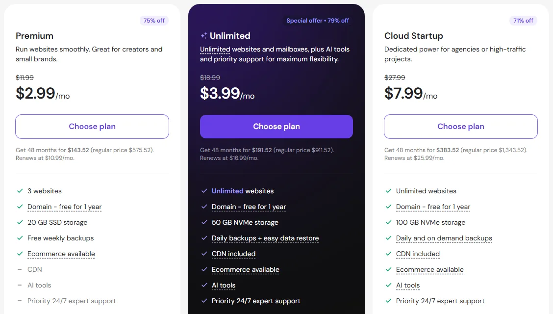 Hostinger web hosting plans Premium, Unlimited and Cloud Startup on a 48-month term (October 2026)