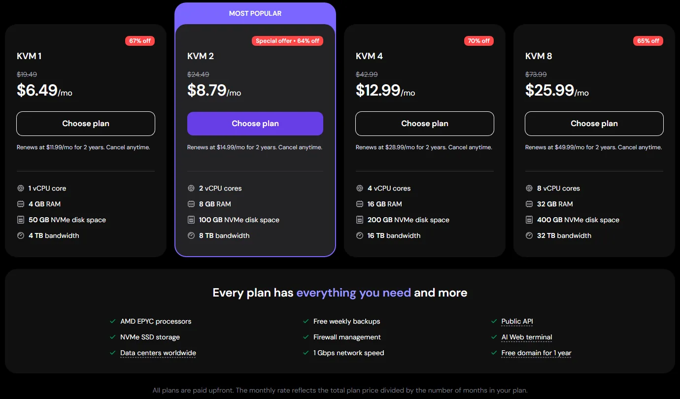 Hostinger KVM VPS plans from KVM 1 to KVM 8 with intro and renewal prices (October 2026)