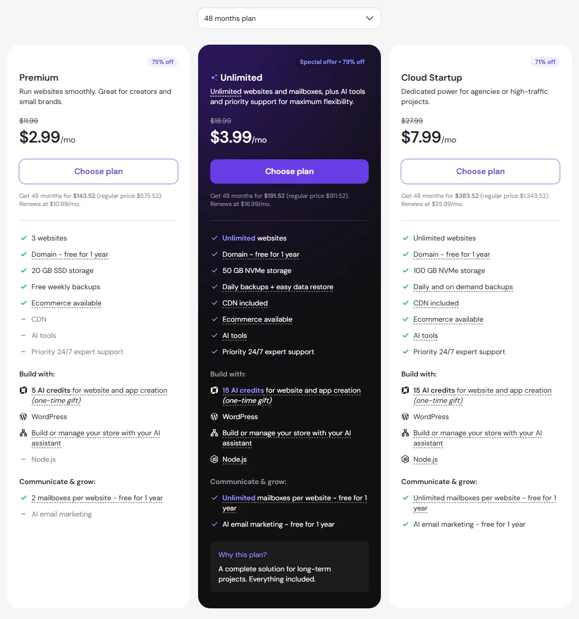 Hostinger Premium, Unlimited and Cloud Startup web hosting plans and prices on a 48-month term (October 2026)