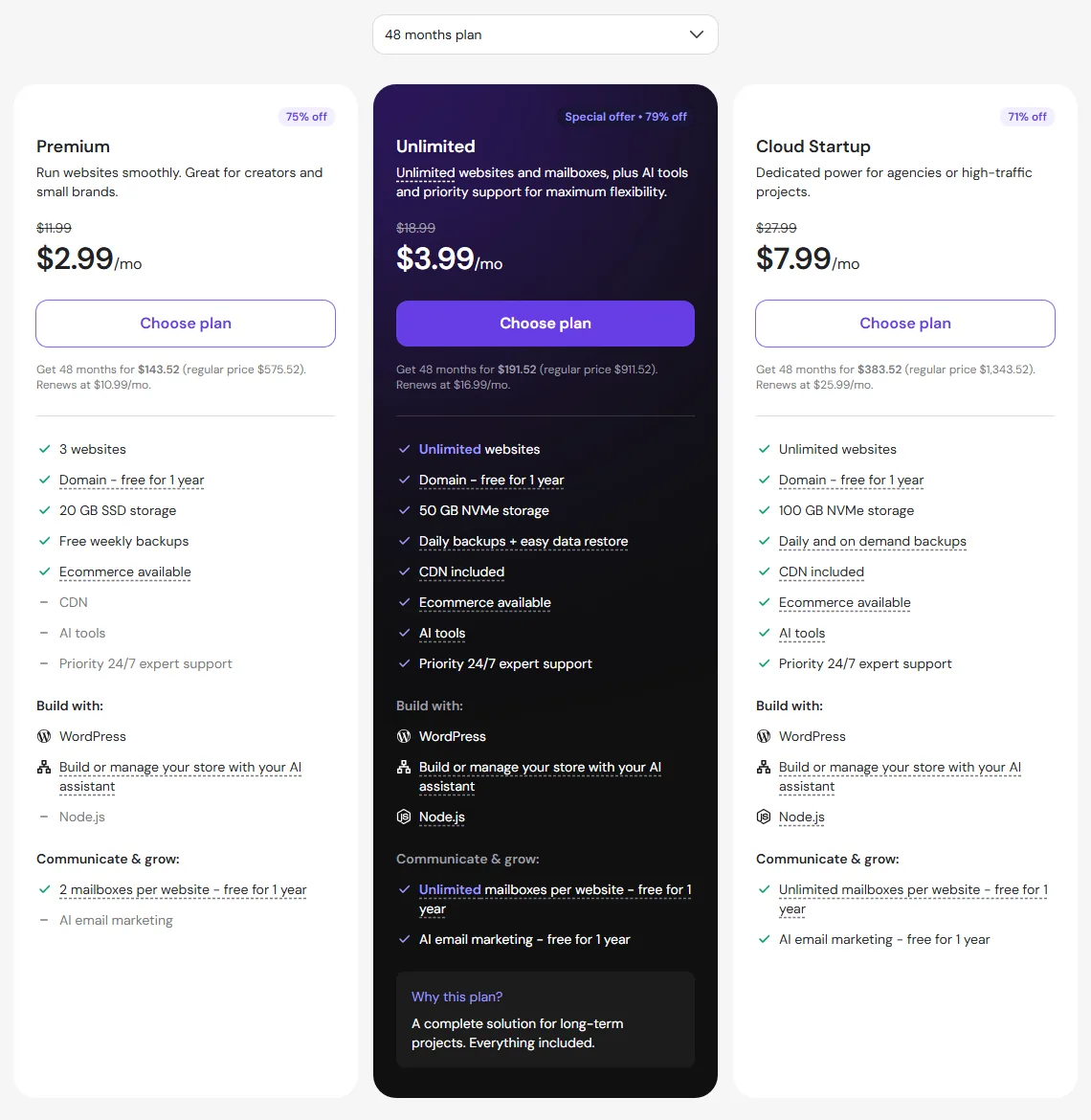 Hostinger WordPress hosting plans Premium, Unlimited and Cloud Startup with prices (October 2026)