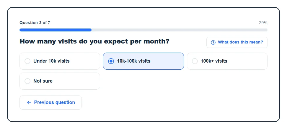 HostMatch web hosting quiz on question 3 of 7, asking how many visits a month you expect, with one answer selected