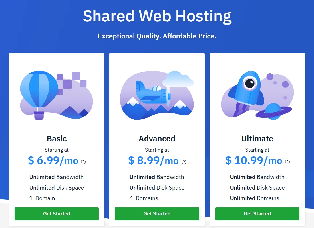 Hostwinds shared web hosting plans Basic, Advanced and Ultimate with unlimited bandwidth (October 2026)