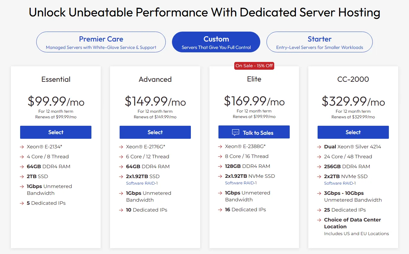 InMotion dedicated server plans Essential, Advanced, Elite and CC-2000 (2026)