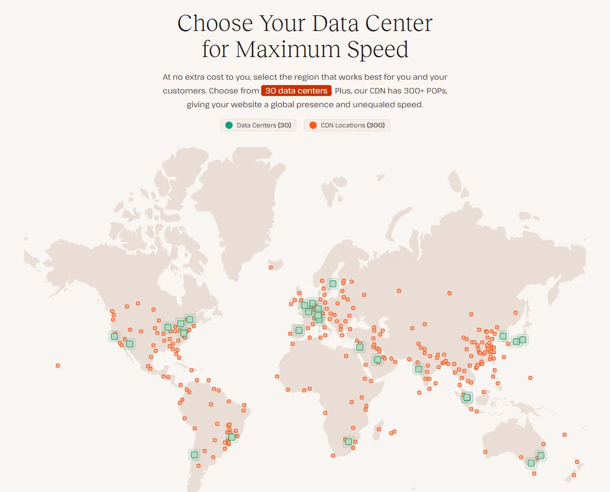 Kinsta map of 30 data centers and 300 CDN locations from the edge caching page (October 2026)