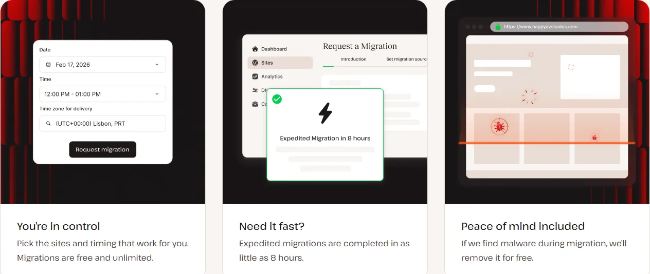 Kinsta free migration page: schedule a migration, expedited migration and free malware removal (October 2026)