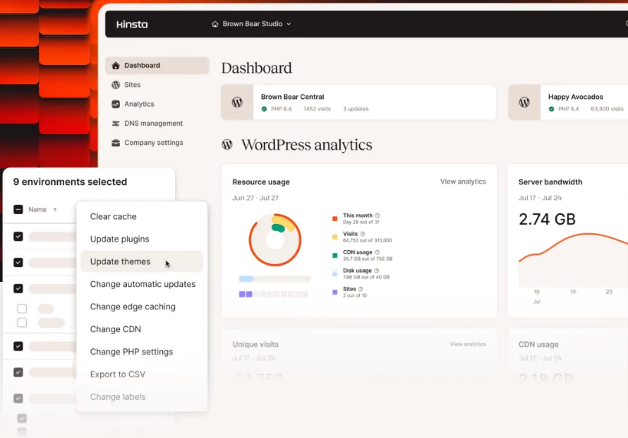 MyKinsta dashboard from Kinsta's product page, with bulk actions menu and WordPress analytics (October 2026)