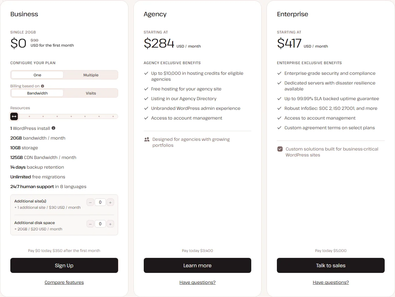 Kinsta pricing page with Business, Agency and Enterprise plan cards, Single 20GB plan shown with first month free (October 2026)