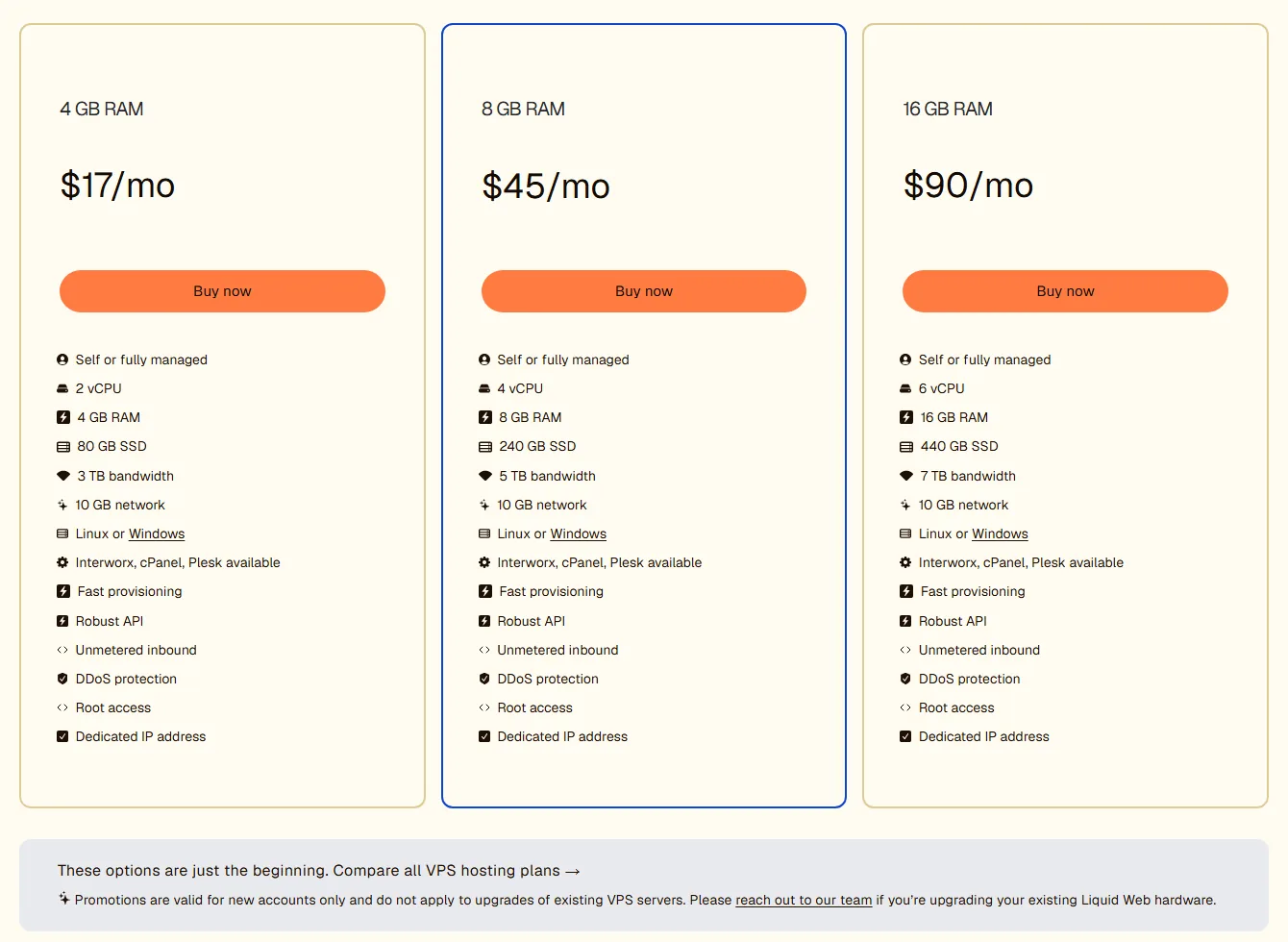 Liquid Web VPS hosting plans: 4 GB for $17/mo, 8 GB for $45/mo, 16 GB for $90/mo (October 2026)