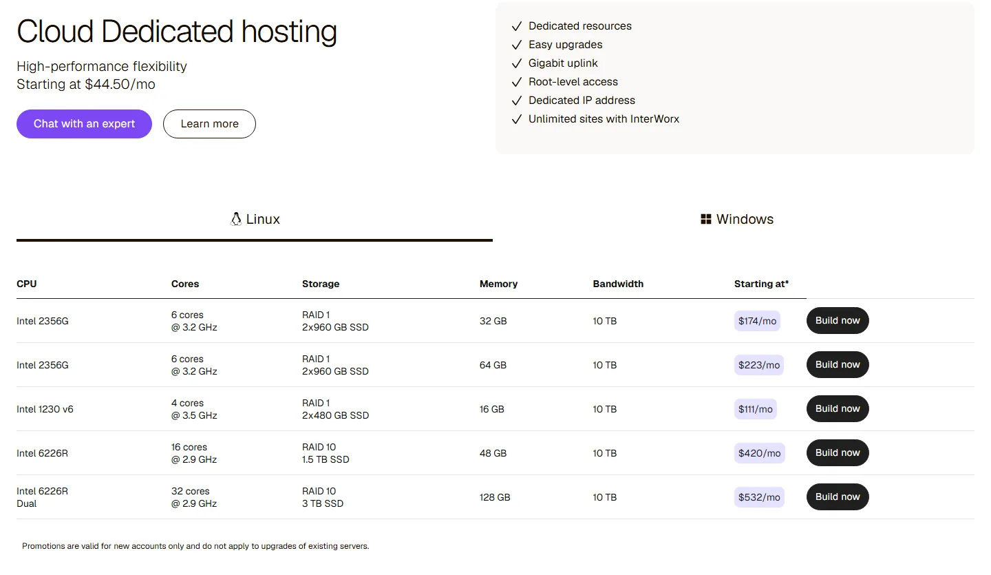Liquid Web Cloud Dedicated hosting table listing Intel CPUs, cores, RAID storage, memory and monthly prices, 2026