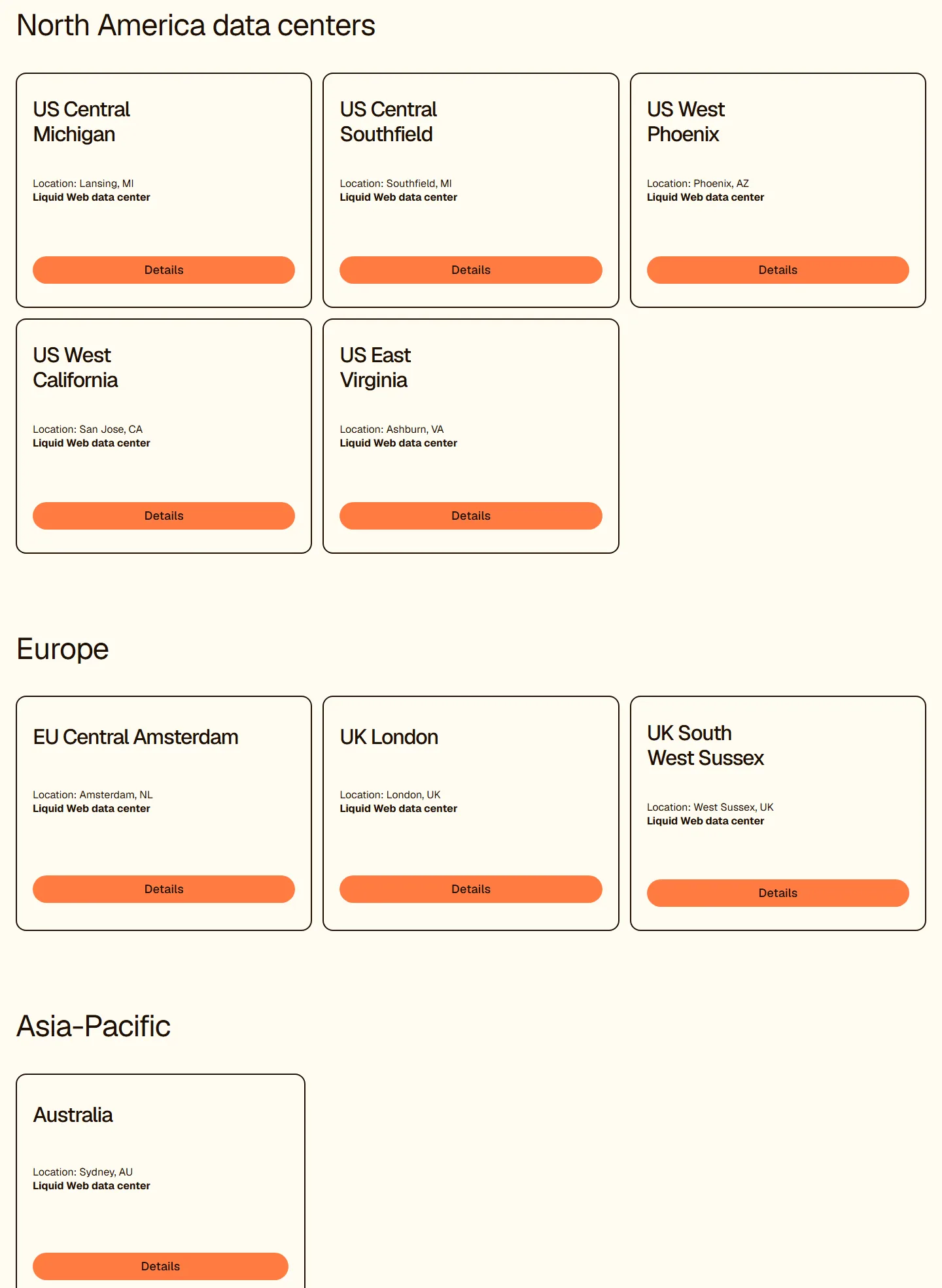 Liquid Web data center list showing locations in Michigan, Arizona, California, Virginia, Amsterdam, London, West Sussex and Sydney