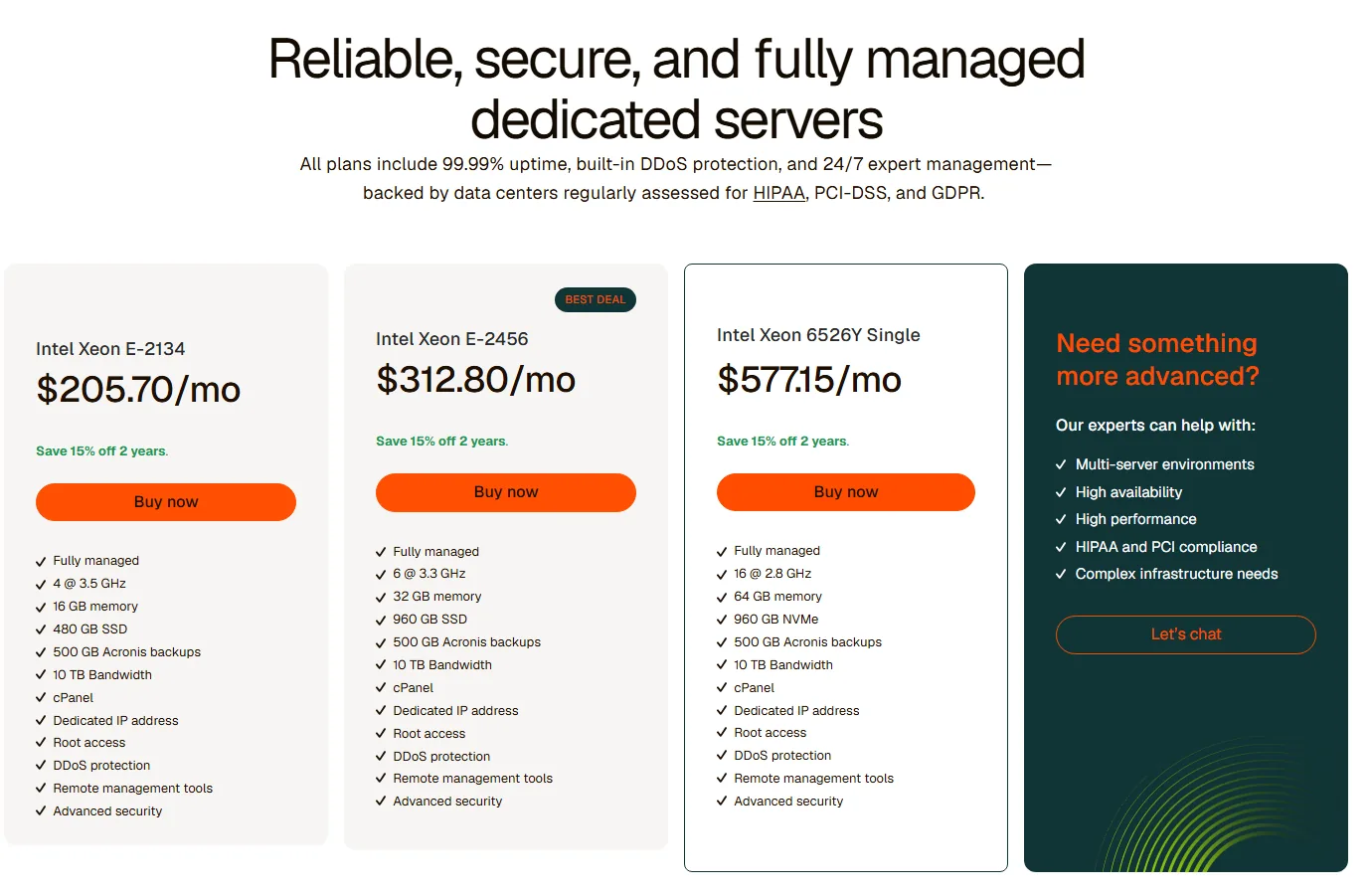 Liquid Web fully managed dedicated server cards for Intel Xeon E-2134, E-2456 and 6526Y with two-year prices, 2026