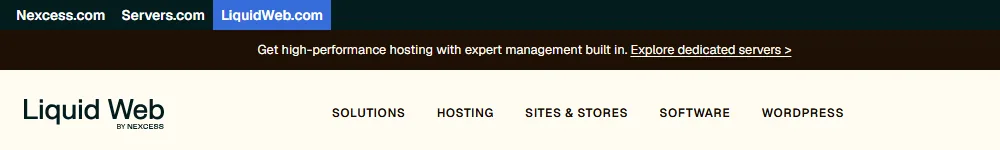 Liquid Web site header with links to Nexcess.com, Servers.com and LiquidWeb.com and a Liquid Web by Nexcess logo