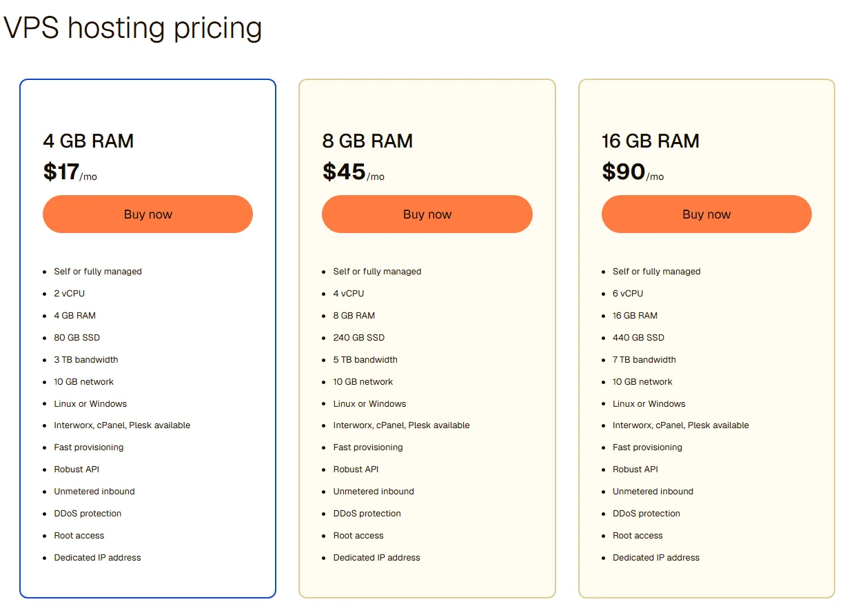 Liquid Web VPS plan cards showing 4 GB, 8 GB and 16 GB RAM with their monthly prices, 2026