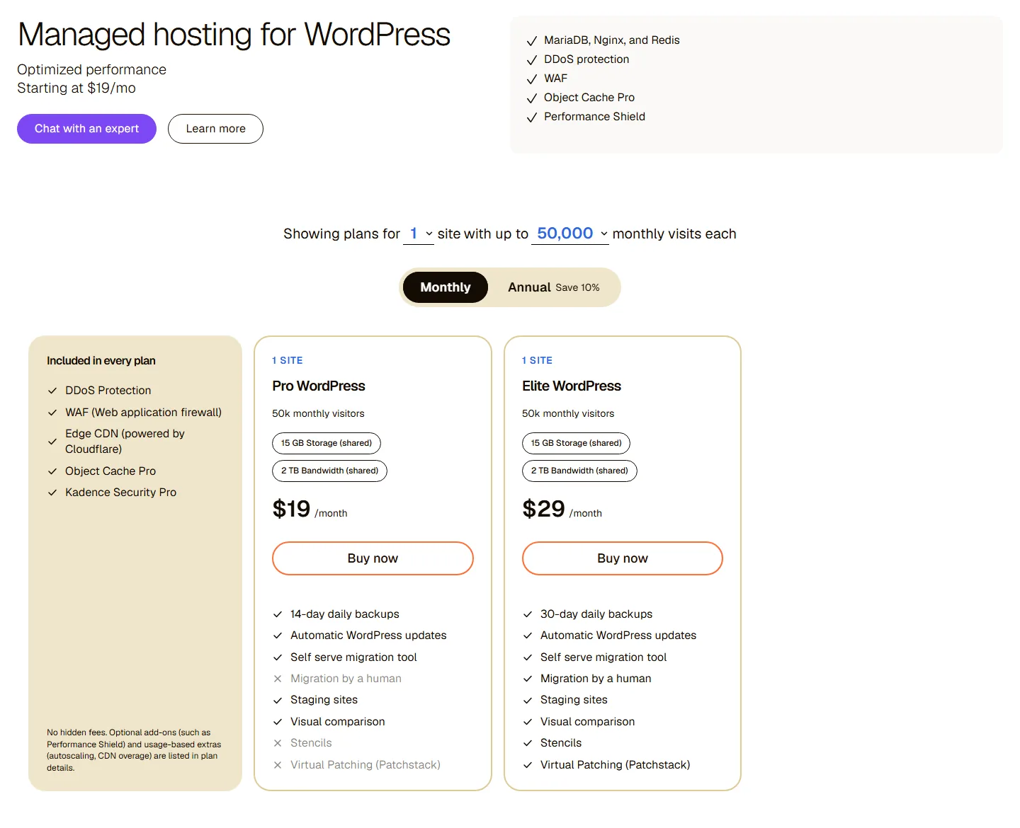Liquid Web managed WordPress Pro and Elite plan cards for one site with 50k monthly visitors, 2026