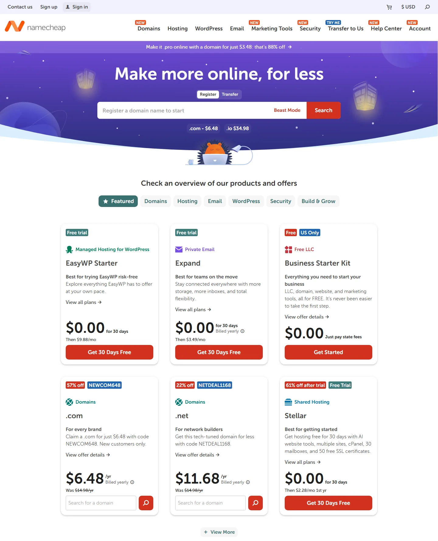 Namecheap homepage with domain search and current offers (October 2026)
