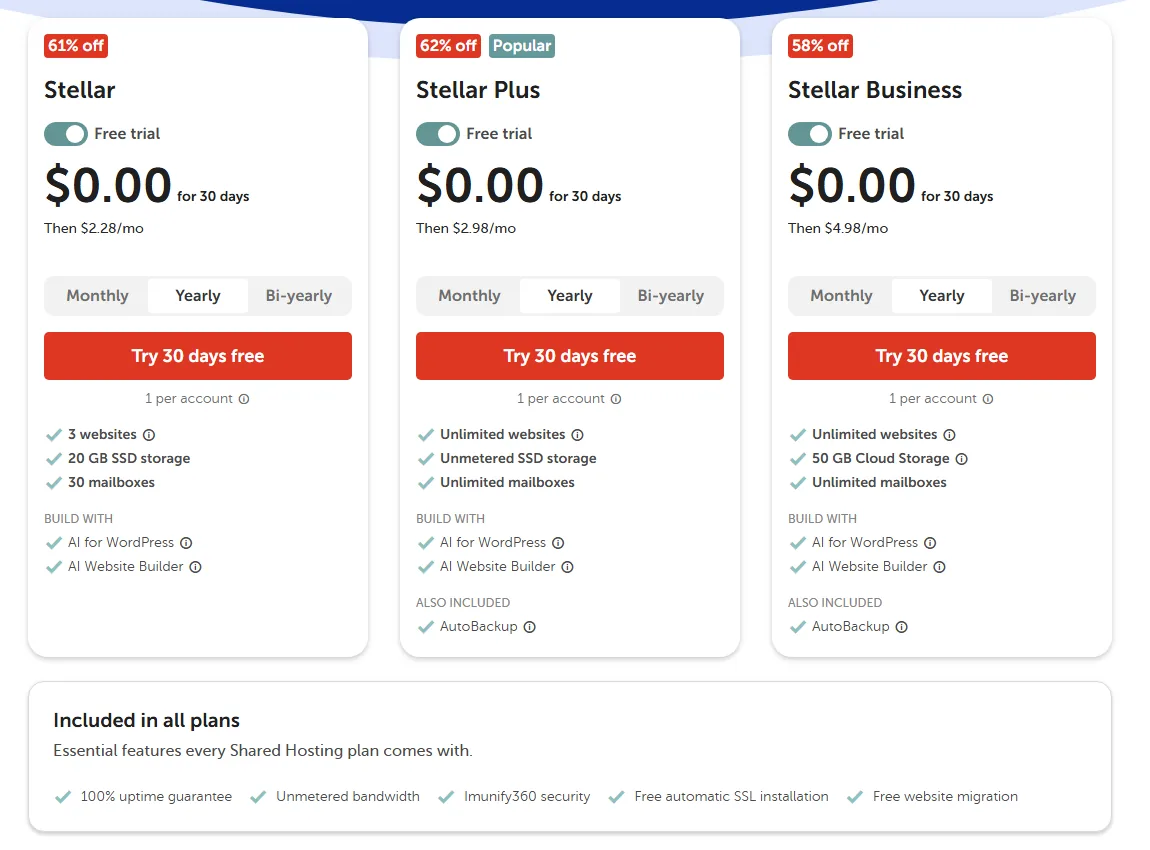 Namecheap Stellar, Stellar Plus and Stellar Business shared hosting plans with a 30-day free trial (October 2026)