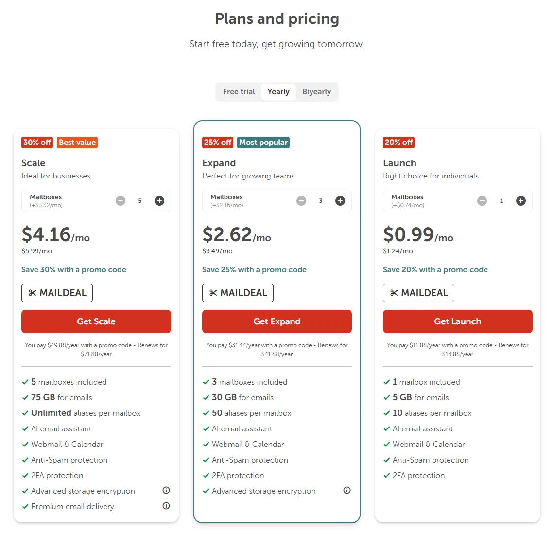 Namecheap Private Email Scale, Expand and Launch plans on yearly billing (October 2026)