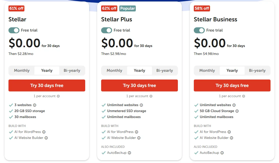 Namecheap shared hosting plans Stellar, Stellar Plus and Stellar Business with the 30-day free trial (October 2026)
