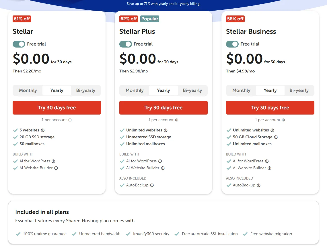 Namecheap Stellar, Stellar Plus and Stellar Business shared hosting plans on yearly billing (October 2026)