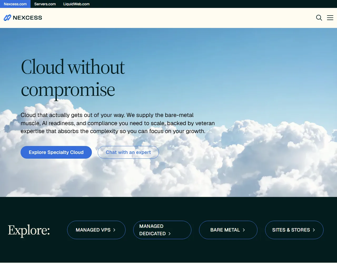 Nexcess homepage with the Cloud without compromise headline and links to managed VPS, managed dedicated, bare metal and Sites and Stores