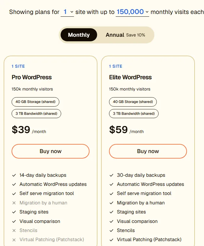 Pro WordPress at 39 dollars and Elite WordPress at 59 dollars a month for one site with 150,000 monthly visits, 40 GB storage and 3 TB bandwidth