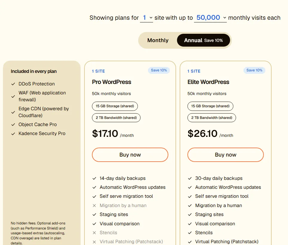 Pro WordPress at 17.10 dollars and Elite WordPress at 26.10 dollars a month with annual billing selected