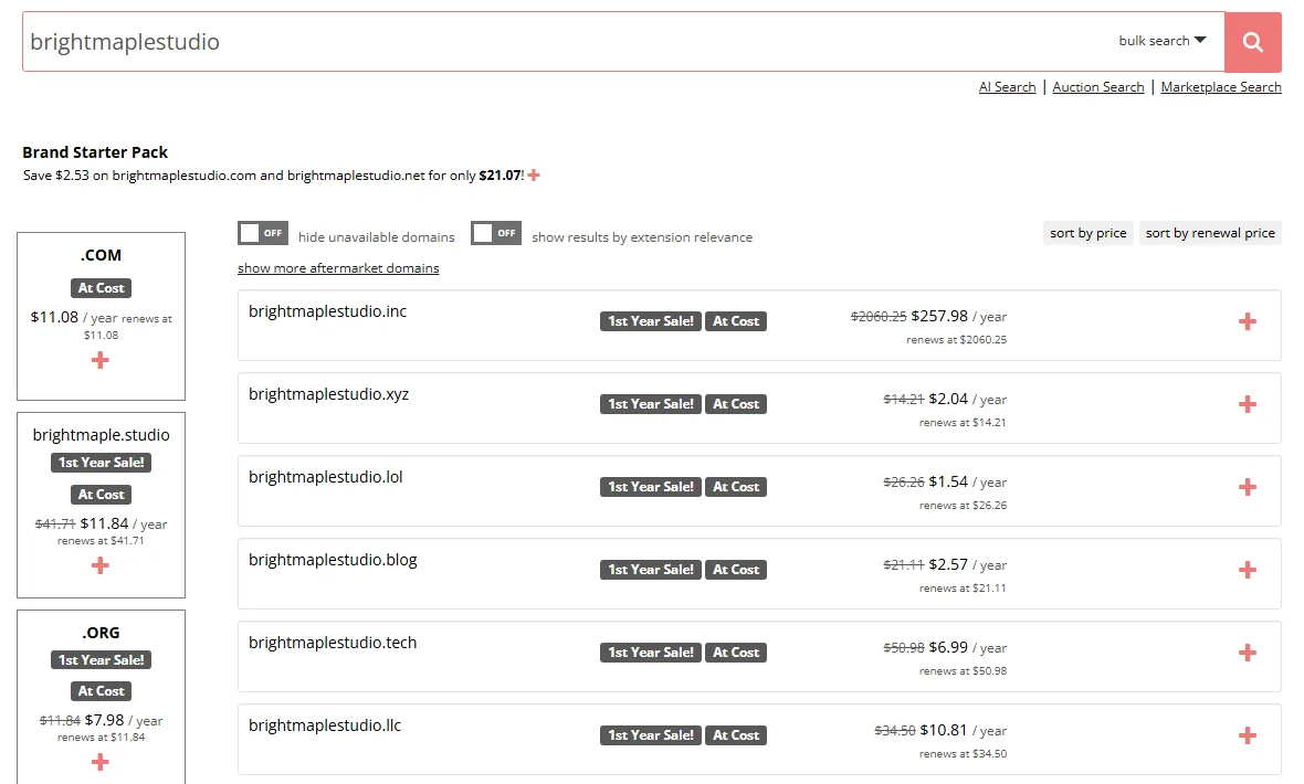 Porkbun domain search results listing first-year prices and renewal prices for .com, .org, .xyz, .blog and other extensions (October 2026)
