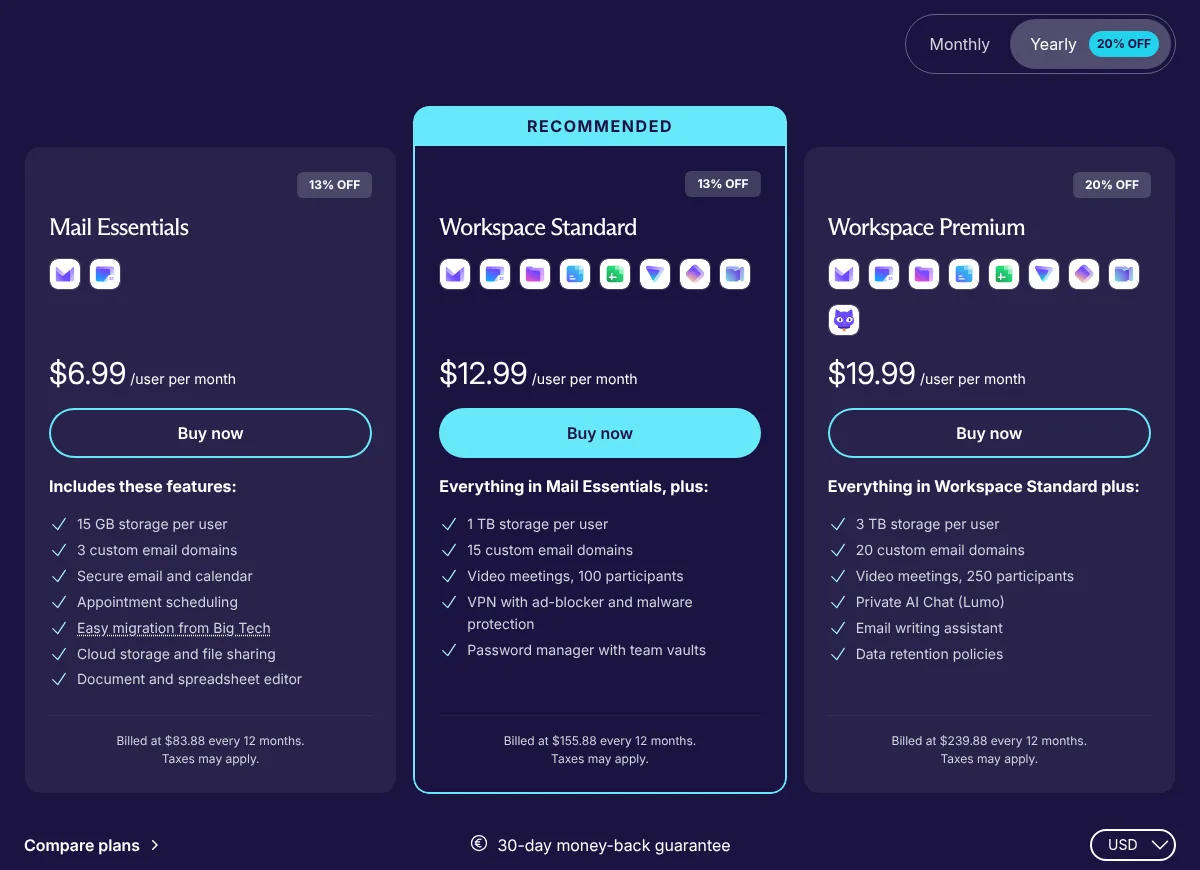 Proton Mail Essentials, Workspace Standard and Workspace Premium business plans billed yearly (October 2026)