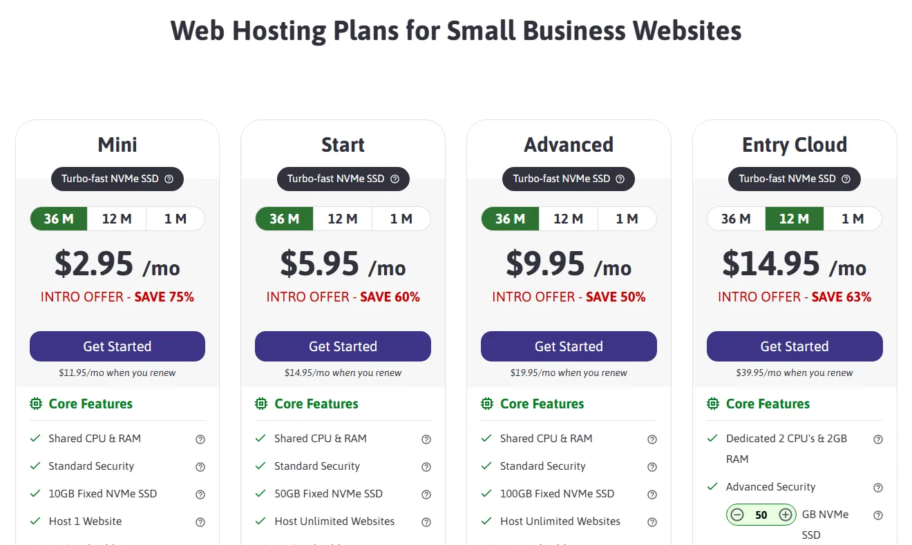 ScalaHosting shared web hosting plans Mini, Start, Advanced and Entry Cloud (October 2026)
