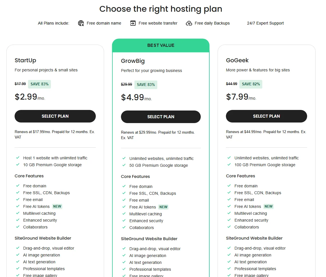 SiteGround StartUp, GrowBig and GoGeek web hosting plans with 12-month intro and renewal prices (October 2026)