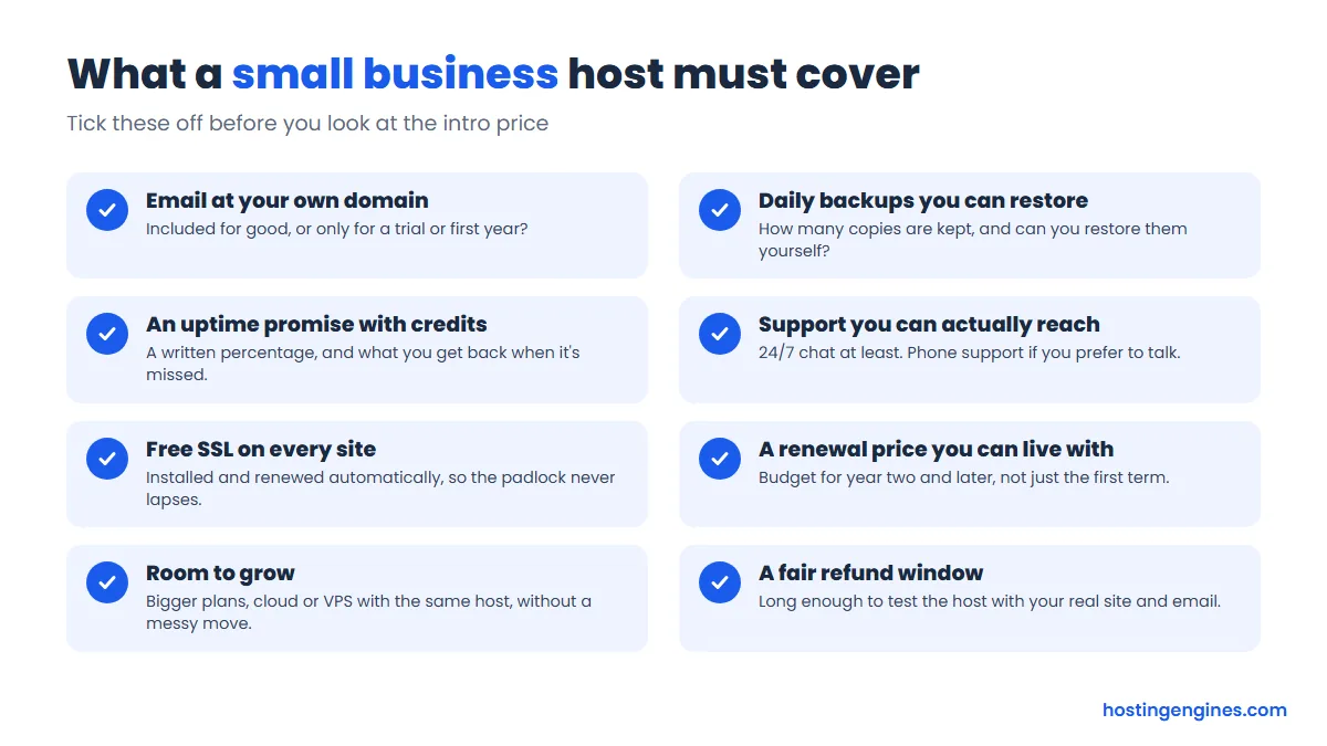 Checklist of eight things a small business web host should cover, from business email and daily backups to renewal prices and refunds