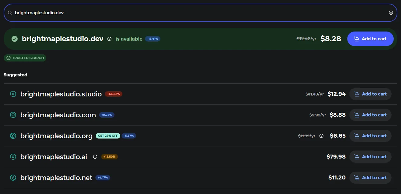 Spaceship domain search results with crossed-out renewal prices next to first-year prices for .dev, .com, .org, .io and .co (October 2026)
