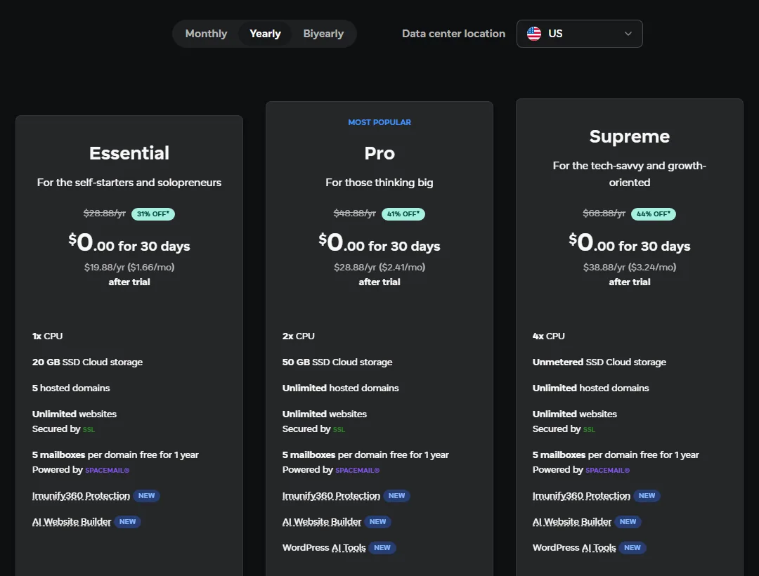 Spaceship web hosting plans Essential, Pro and Supreme on yearly billing (October 2026)