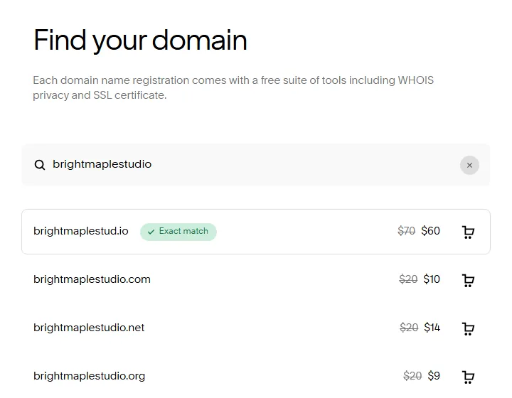 Squarespace Domains search results showing .com, .net and .org at a discounted first-year price with the regular price crossed out (October 2026)