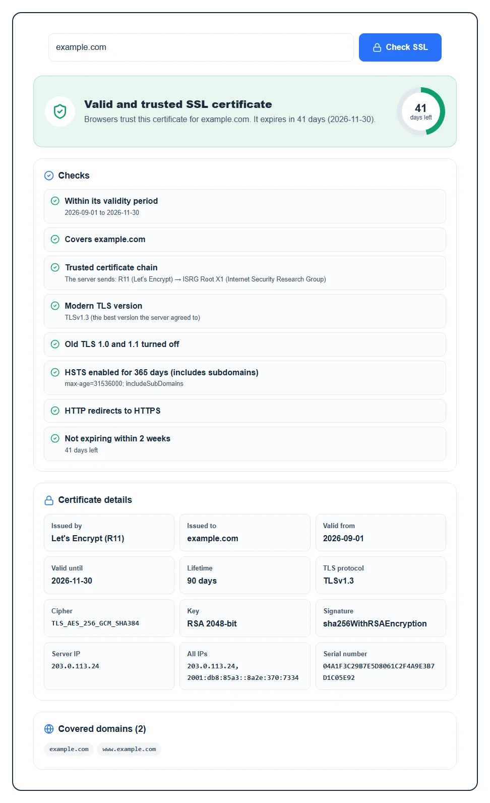 SSL checker result showing a valid trusted certificate, days left until expiry, the list of checks and certificate details