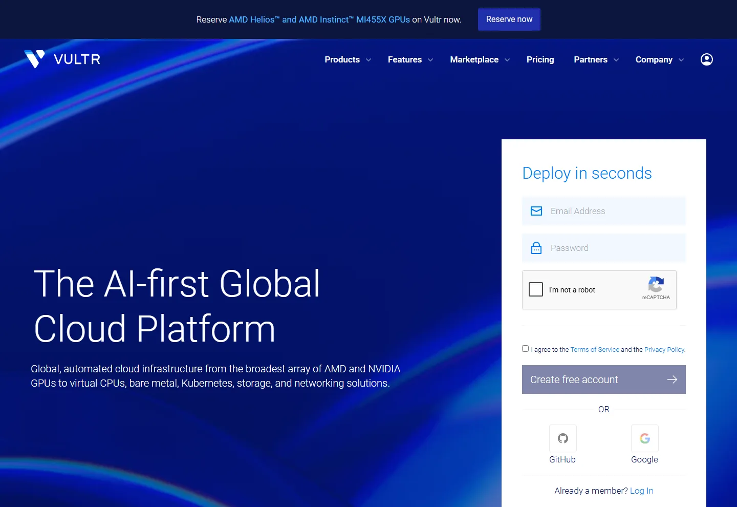Vultr homepage with the sign-up form and Create free account button (October 2026)