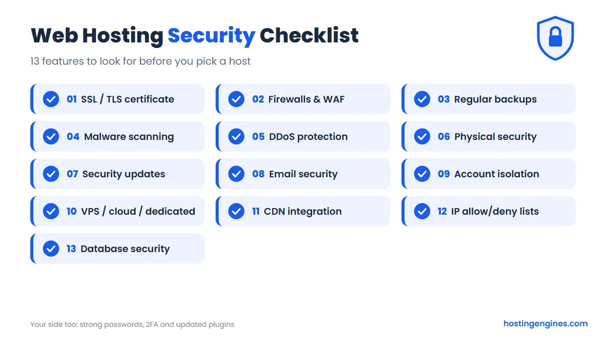 Checklist of 13 web hosting security features, from SSL/TLS certificates and firewalls to backups, DDoS protection and database security