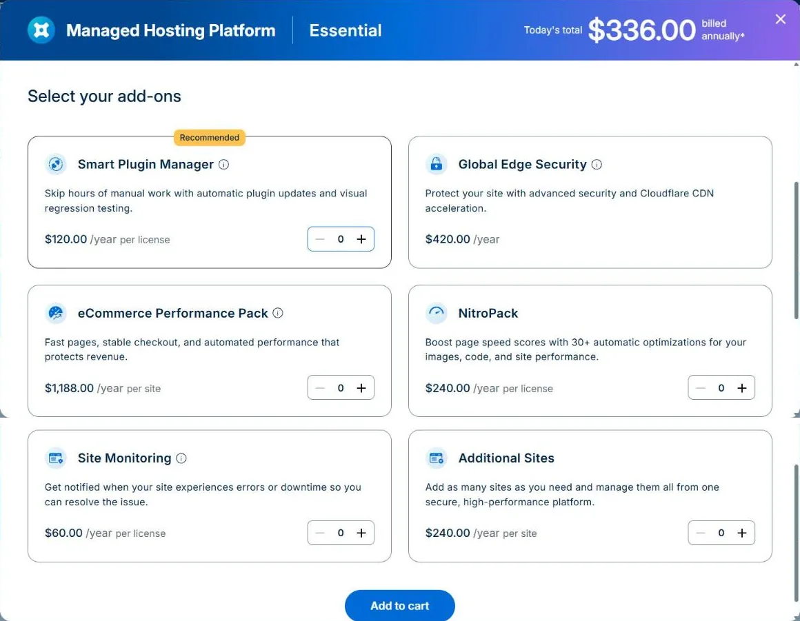 WP Engine add-ons step in the plan builder: Smart Plugin Manager, Global Edge Security, eCommerce Performance Pack, NitroPack, Site Monitoring and Additional Sites with yearly prices (October 2026)