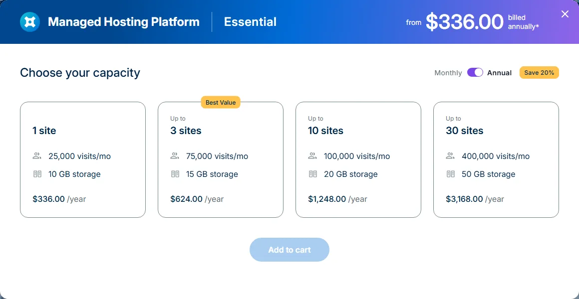 WP Engine Essential plan builder with 1, 3, 10 and 30 site tiers, monthly visits, storage and annual prices (October 2026)