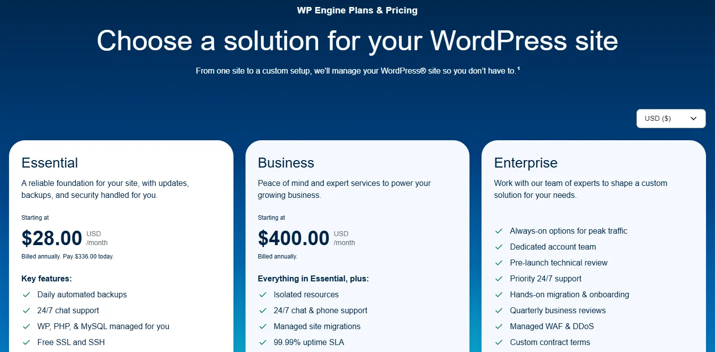 WP Engine plans page showing Essential from $28 a month billed annually, Business from $400 a month and Enterprise (October 2026)