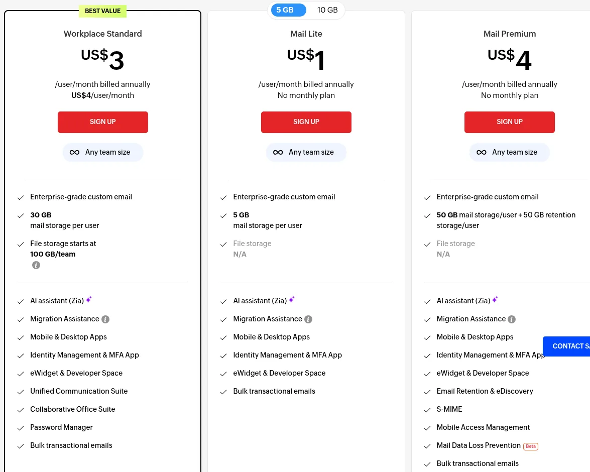 Zoho Mail Workplace Standard, Mail Lite and Mail Premium plans in US dollars (October 2026)